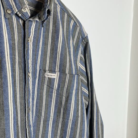 Carhartt Vintage Mens Striped Shirt Size L Work Chore Engineer Twill Button up - Picture 2 of 6